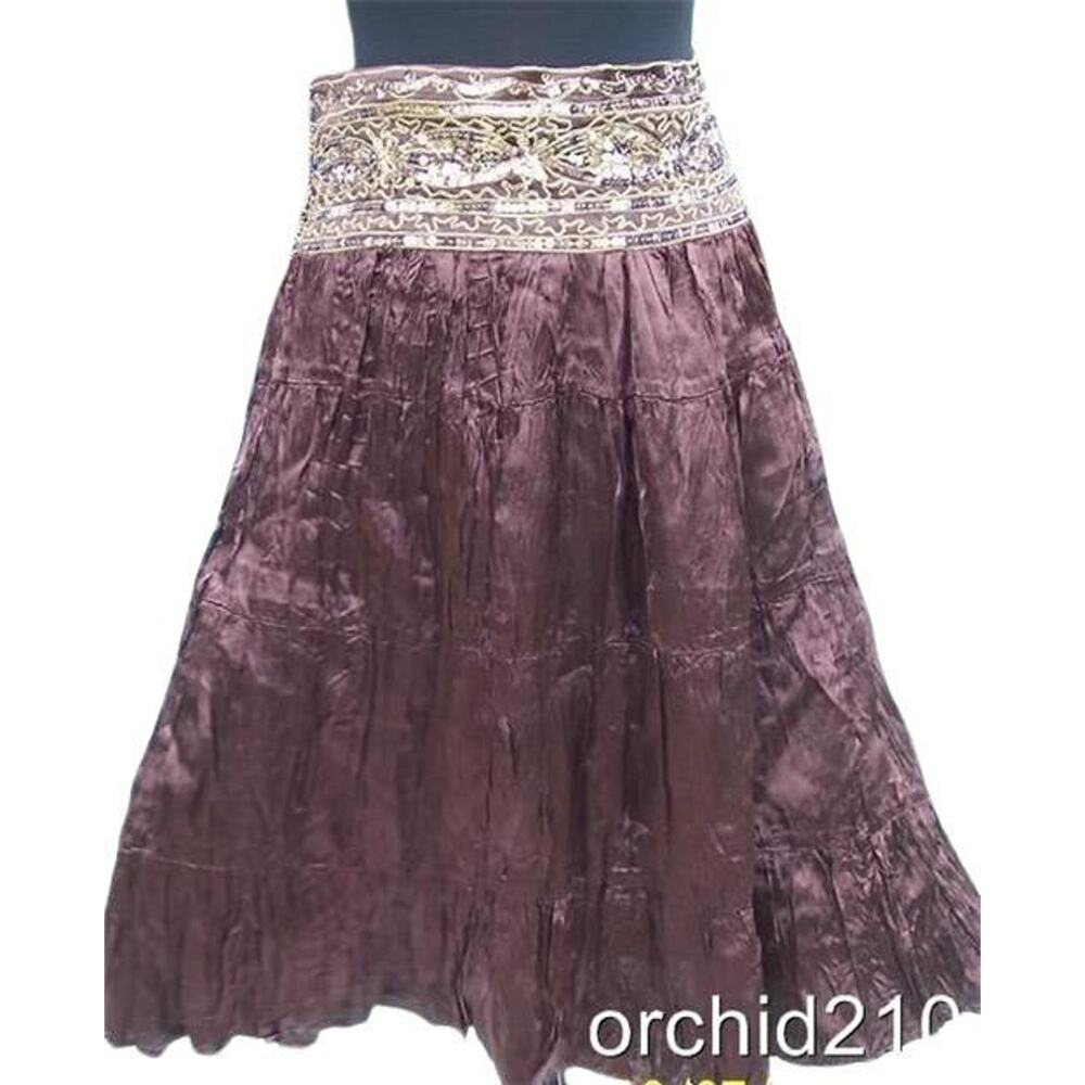 Cache Brown Silk like Boho Hand Sewn Sequins Crinkle Lined Skirt New NWT $138